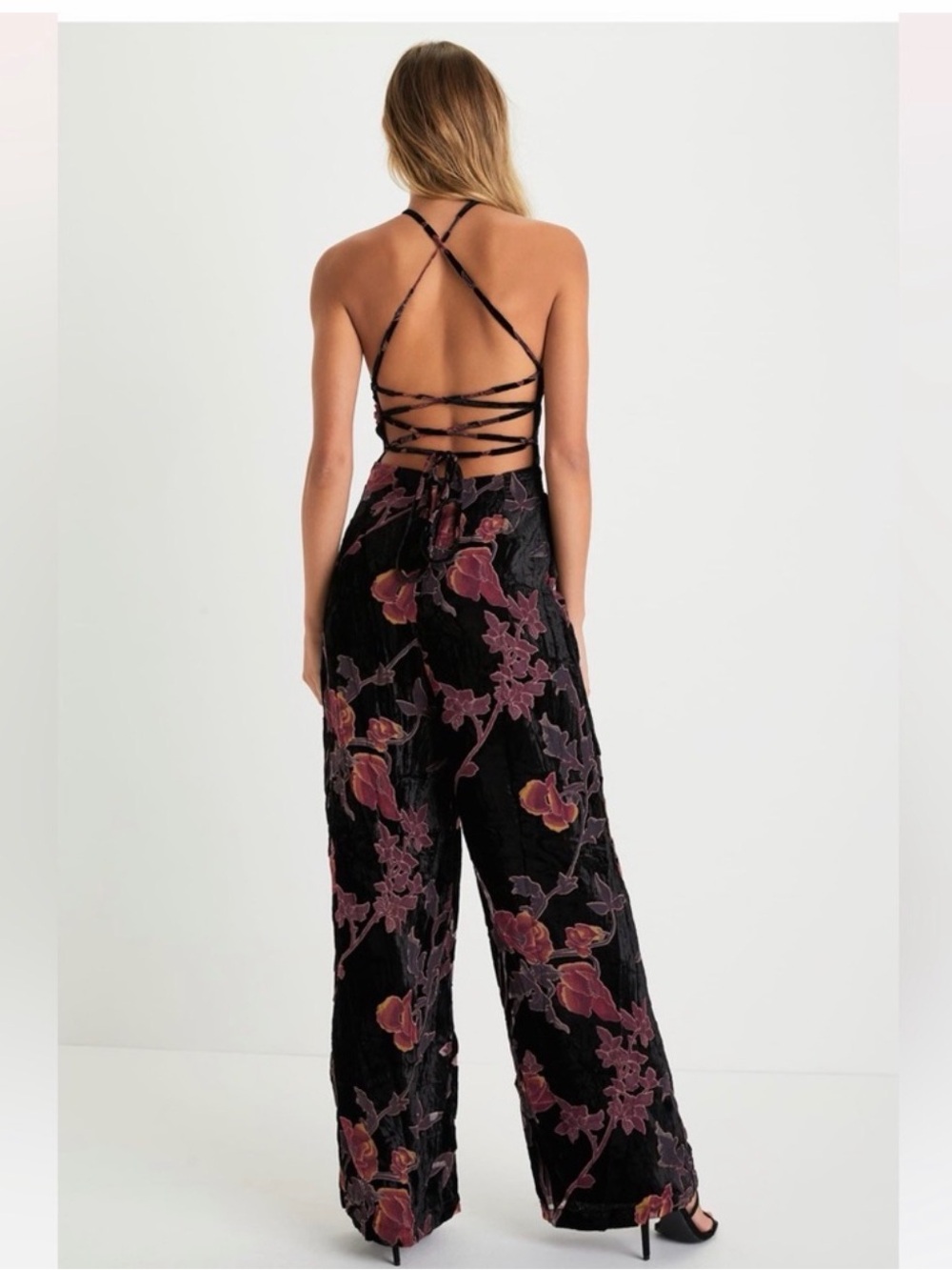 Lulus Exquisite Vibe Black Floral Burnout Velvet Purple Pink Lace-Up Jumpsuit M